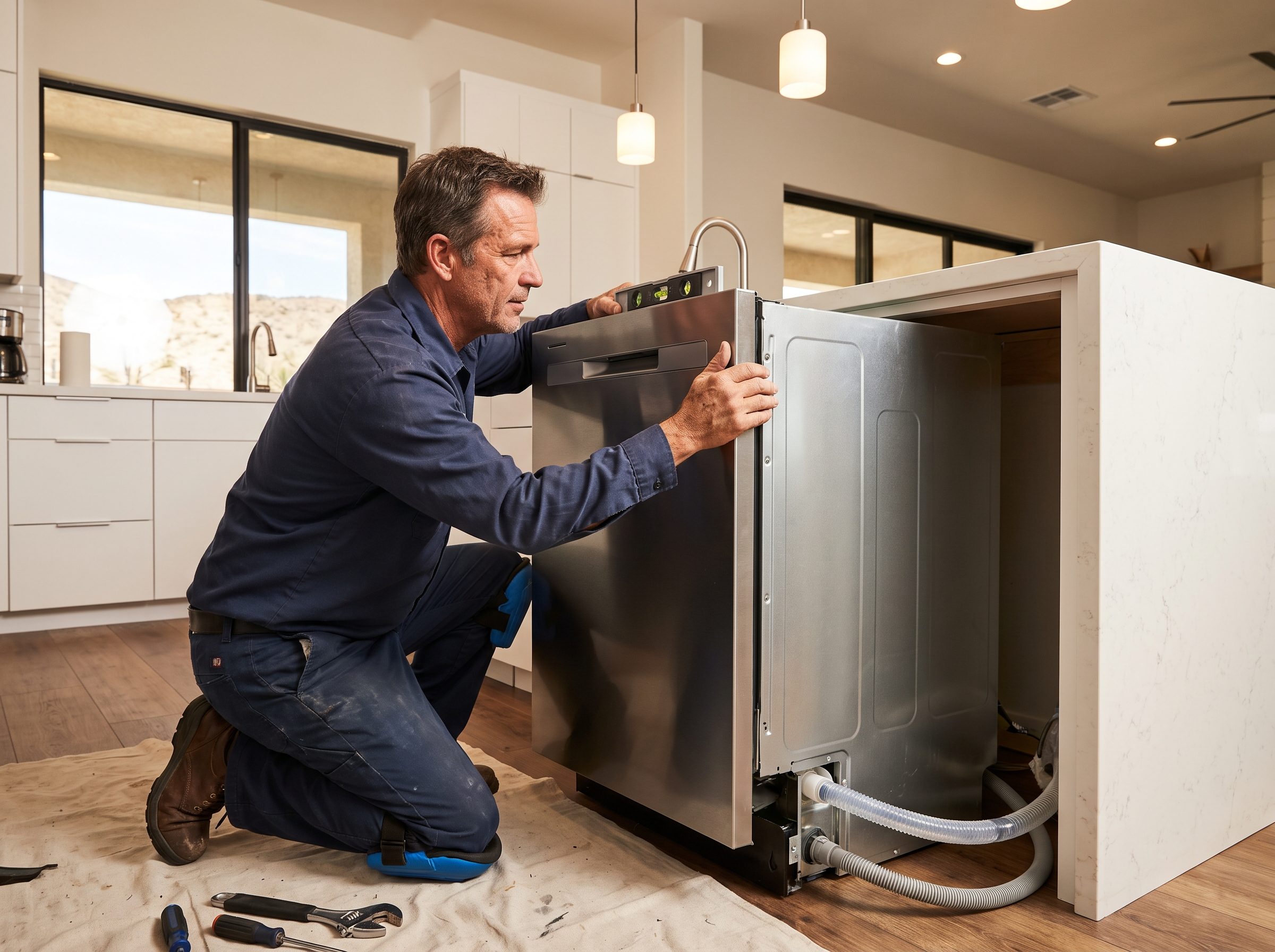 New stainless steel dishwasher installed under a kitchen counter in a Las Vegas home
