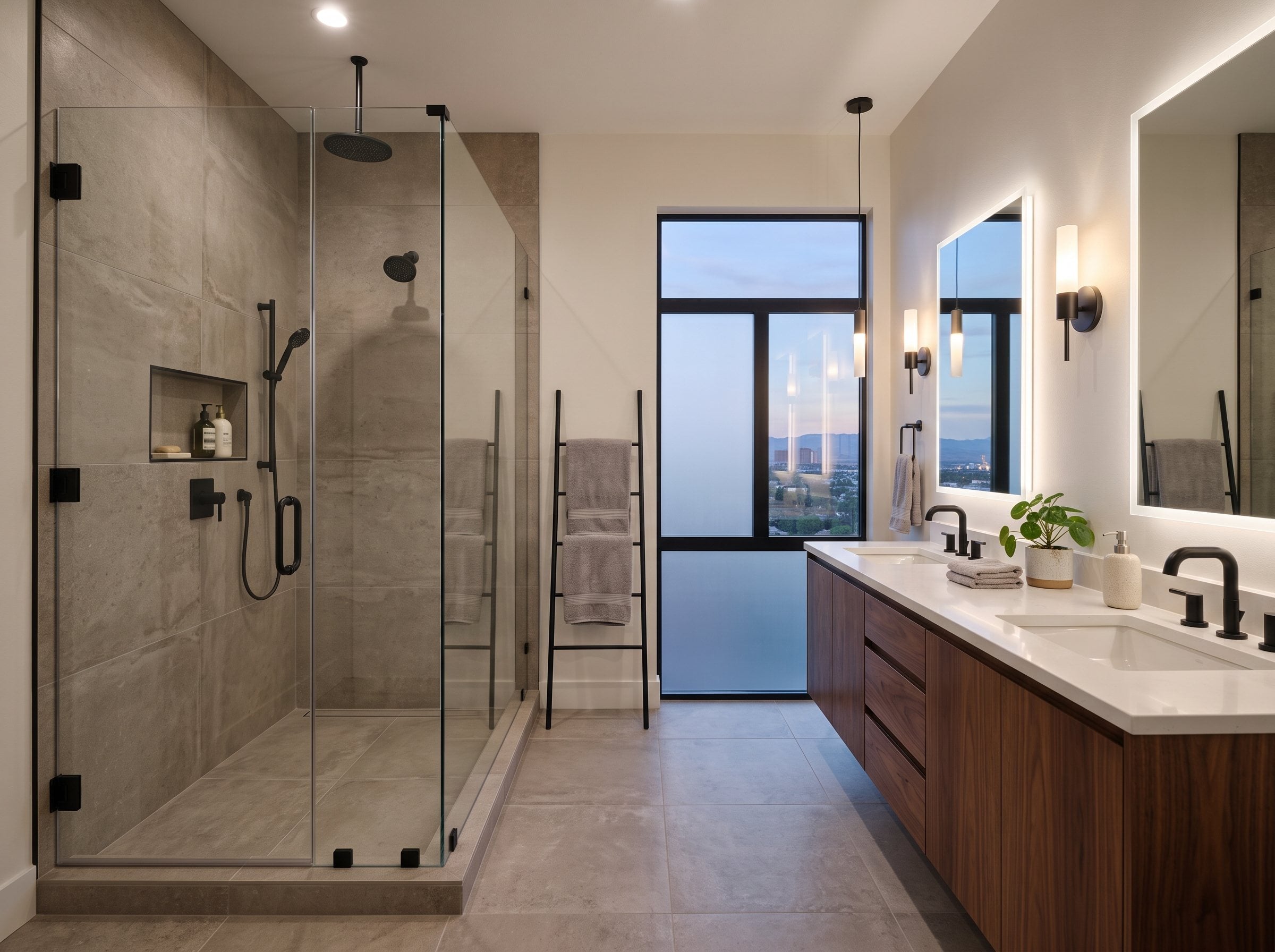 Remodeled bathroom with a frameless glass walk-in shower, gray porcelain tile, a recessed niche and a walnut floating double vanity, with a view over Las Vegas