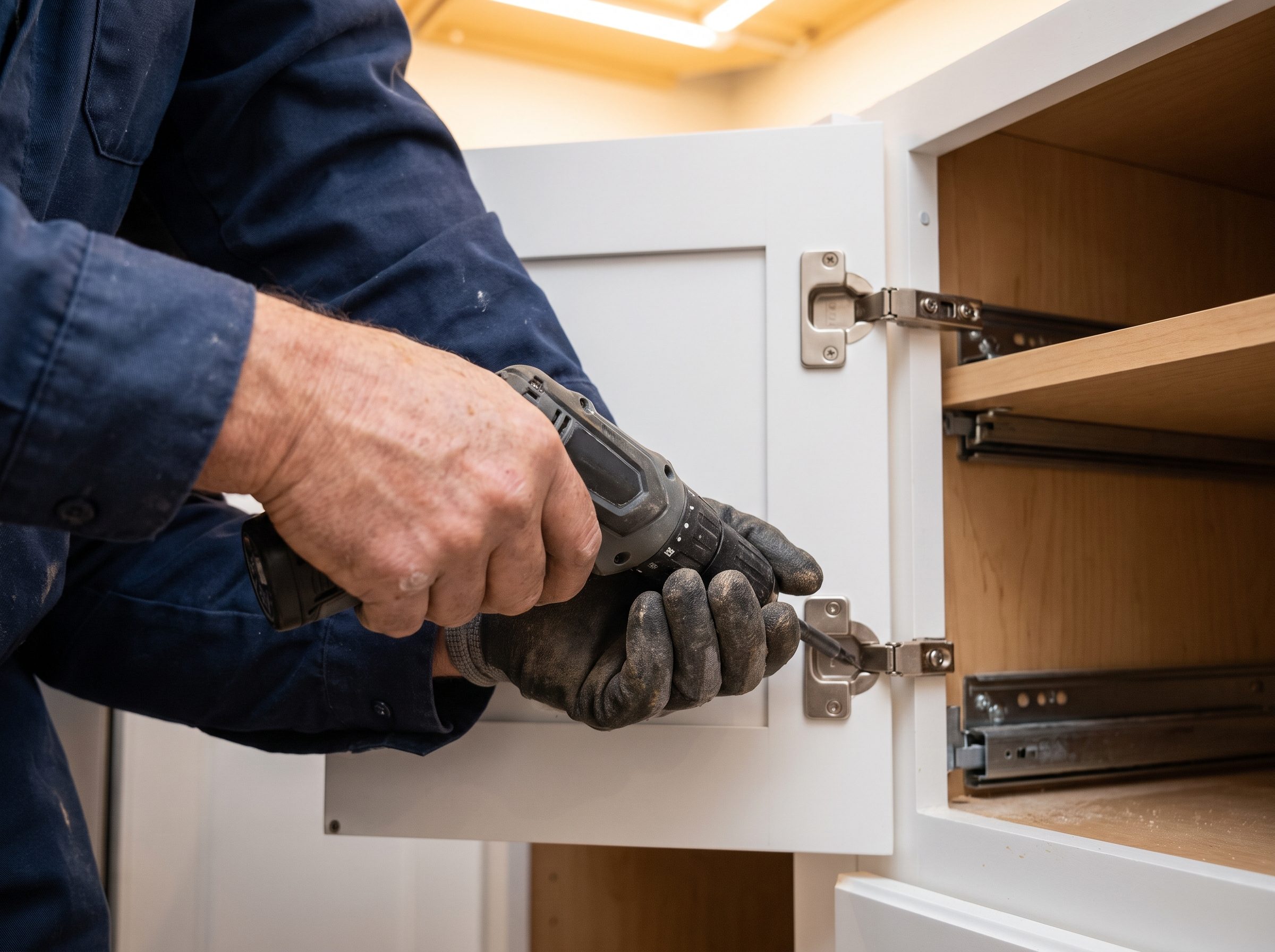 Cabinet repair in a Las Vegas kitchen, a cabinet door being rehung on new concealed hinges