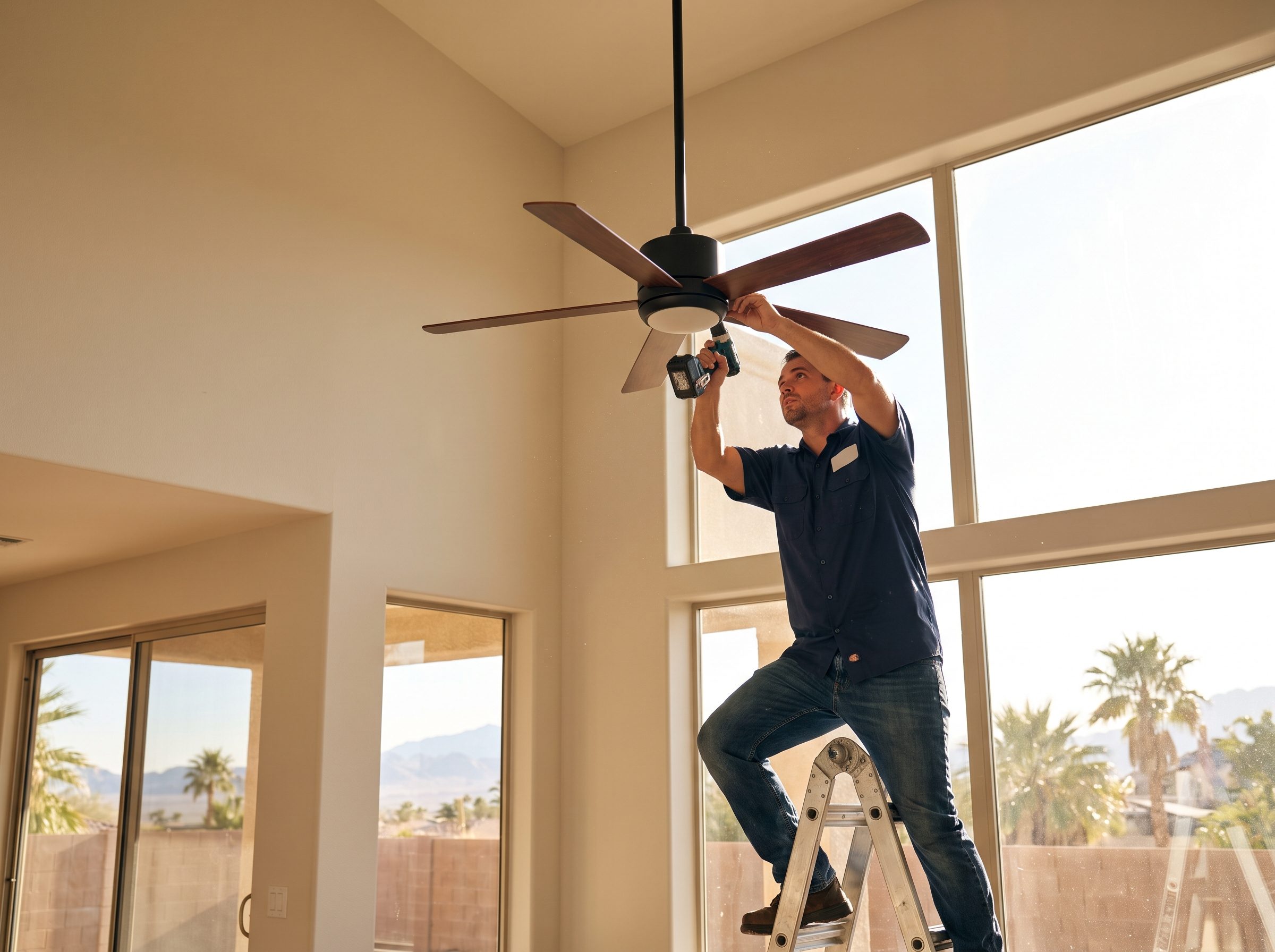 Handyman adjusting a ceiling fan under a vaulted ceiling in a Las Vegas home, with palm trees, a block wall and mountains outside the windows