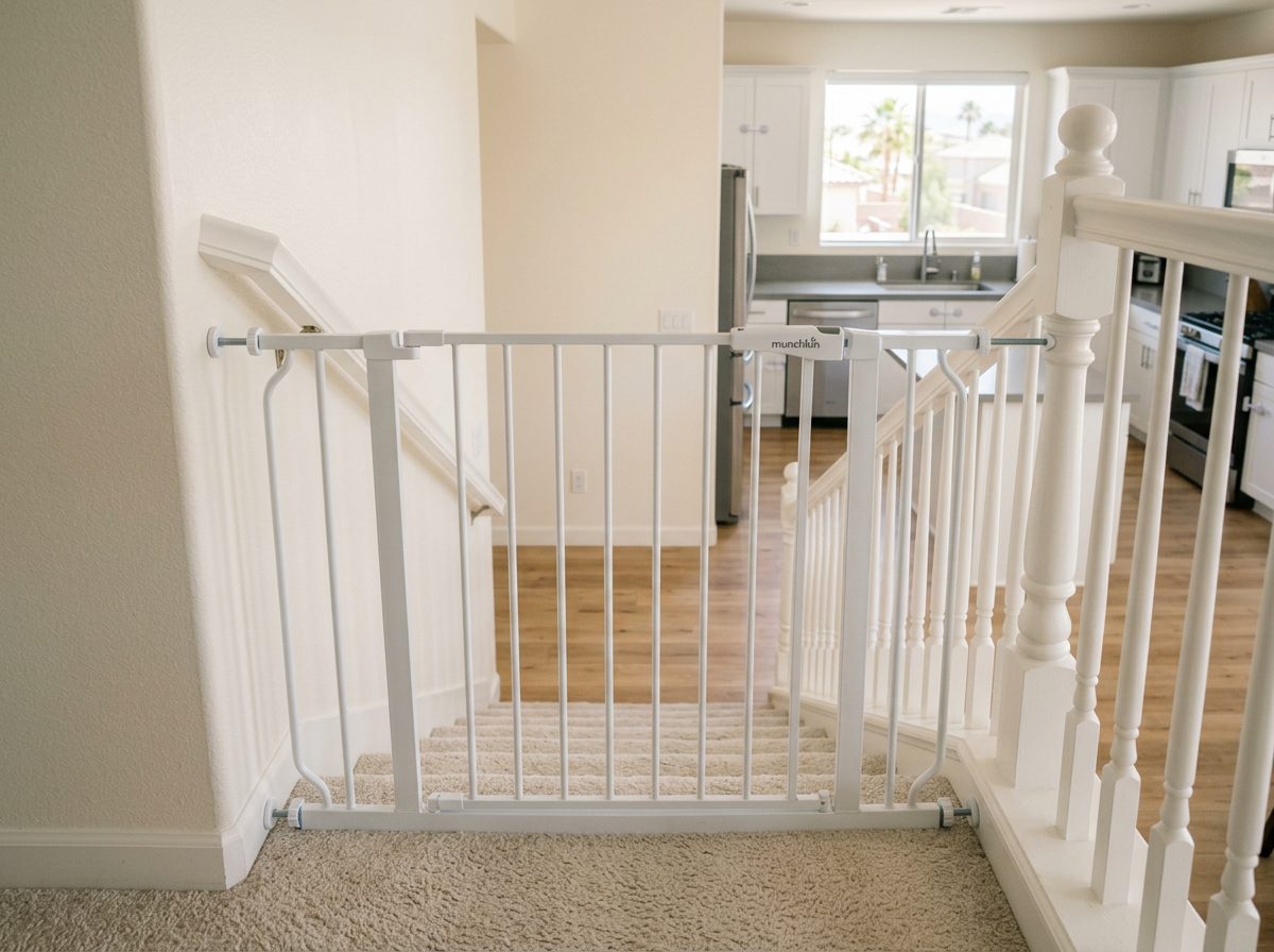 Hardware-mounted baby gate at the top of a staircase in a Las Vegas home