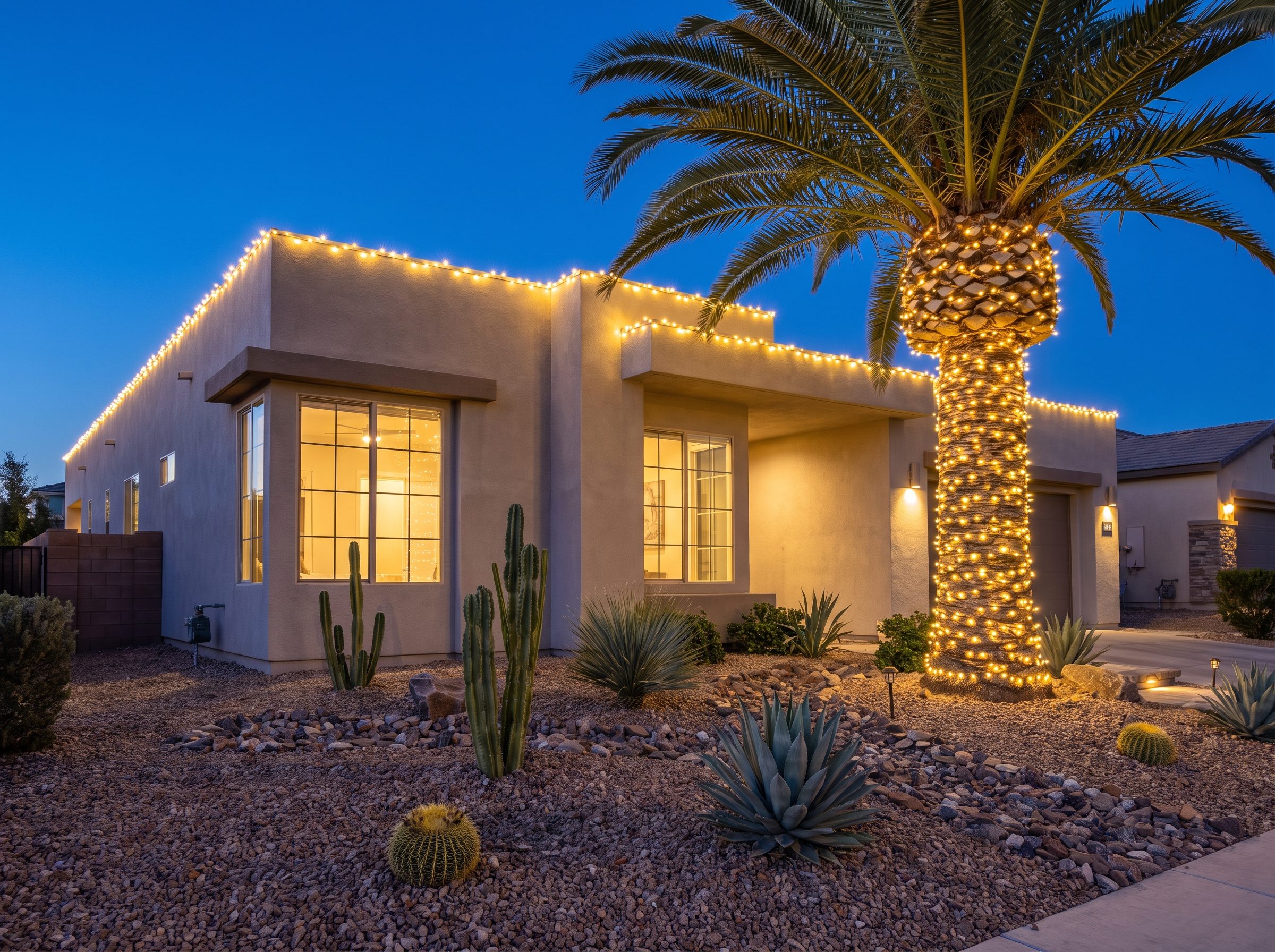 White Christmas lights along the tile roofline of a stucco home in Las Vegas at dusk