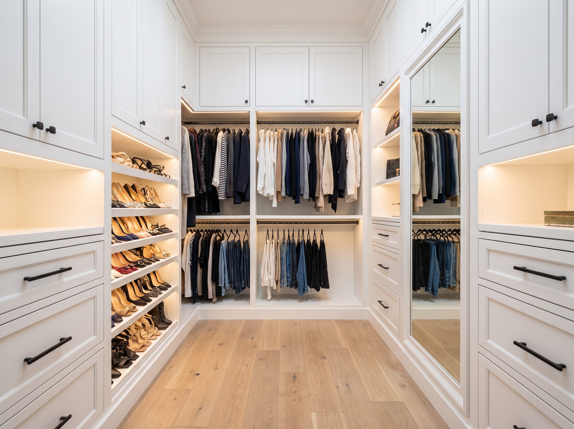 Custom walk-in closet in a Las Vegas home with built-in shelving, drawers and double hanging rods