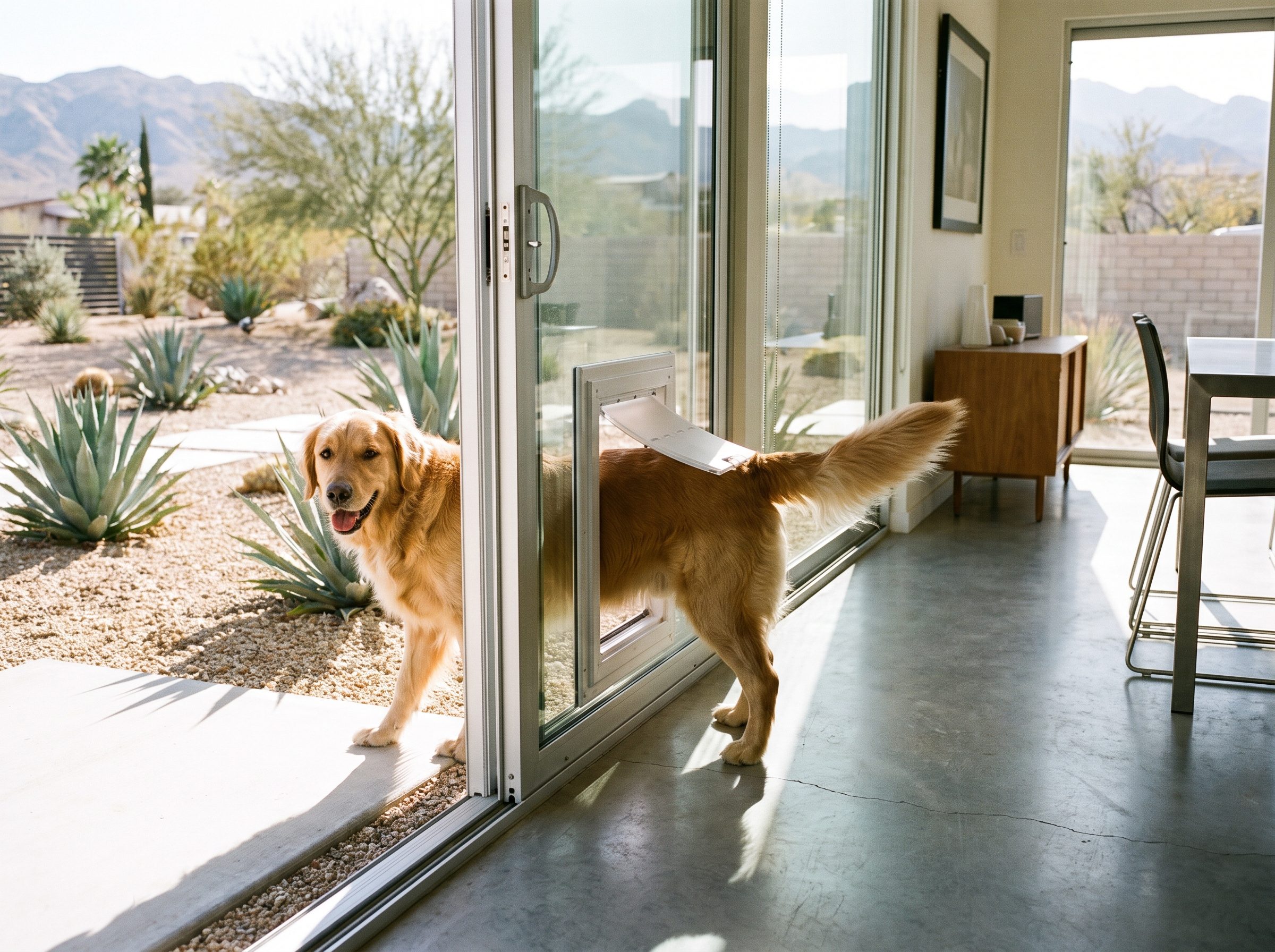 Dog stepping through a new pet door installed in the back door of a Las Vegas home