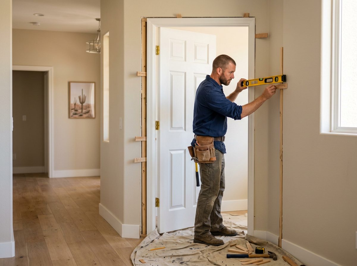 Door installation in a Las Vegas home, a new pre-hung interior door set square in its frame with fresh trim