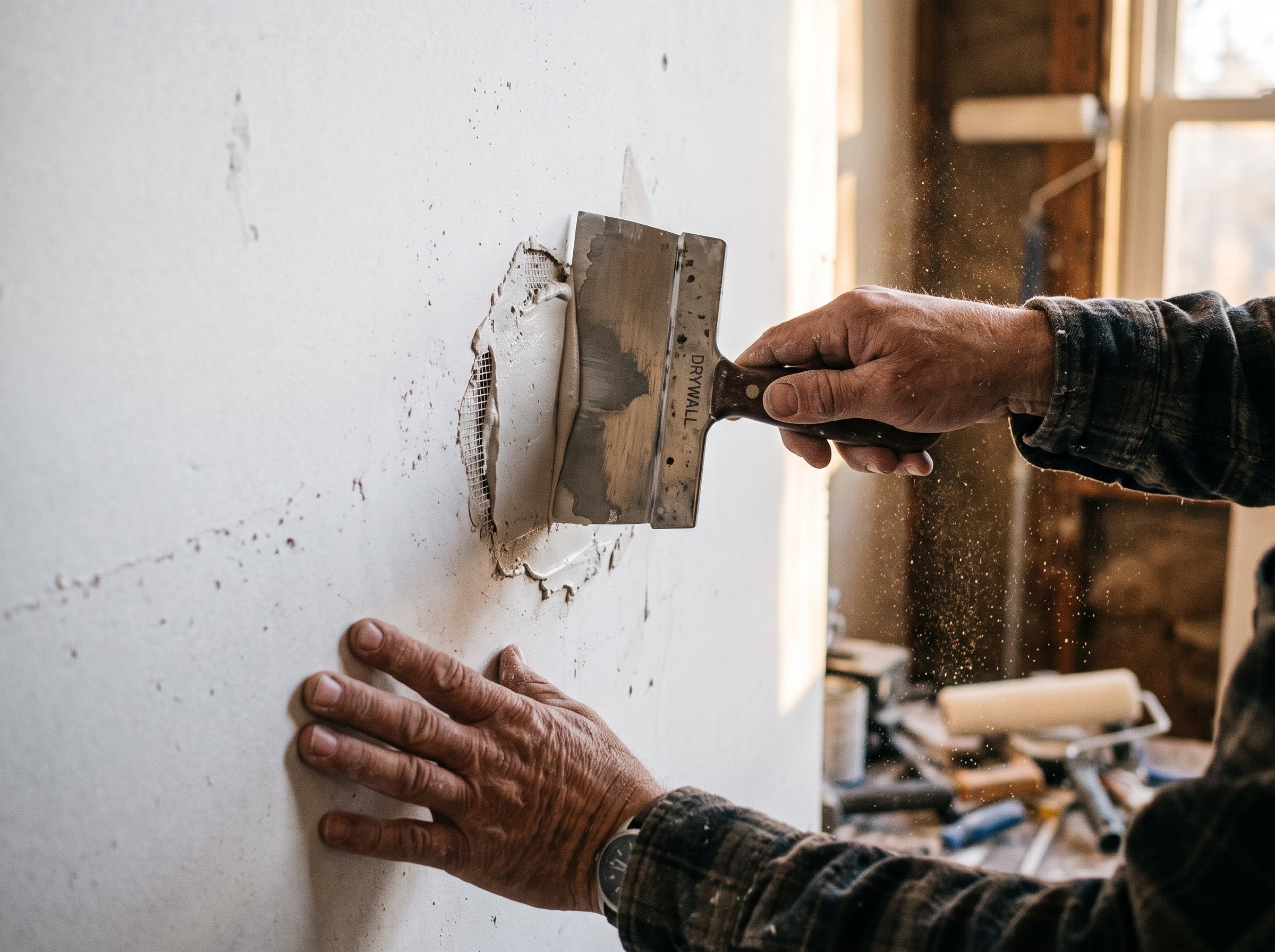 Taping knife spreading joint compound over a mesh patch on a white wall during a drywall repair