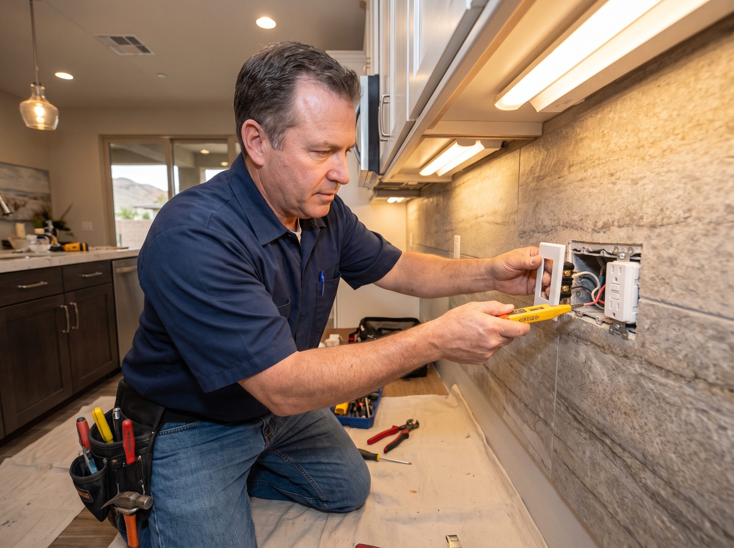Electrical repair in a Las Vegas kitchen, a new GFCI outlet being installed in the backsplash