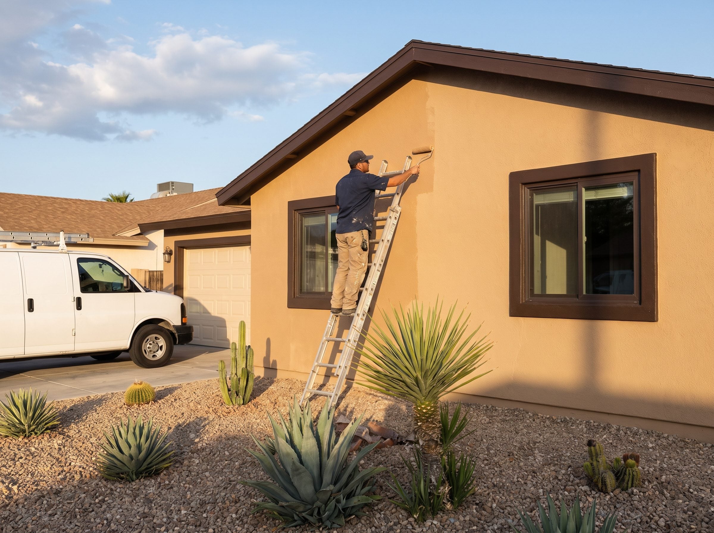 Painter on a ladder rolling fresh paint onto the stucco wall of a single-story Las Vegas home with desert landscaping and clouds building overhead