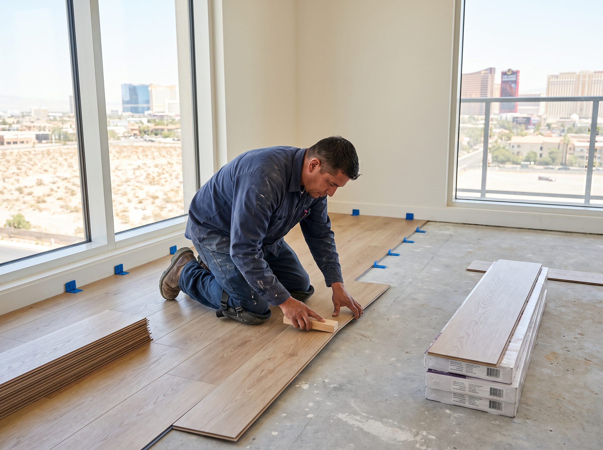 Installer laying wood-look luxury vinyl plank over a concrete subfloor in a sunny Las Vegas room with the Strip visible through the windows