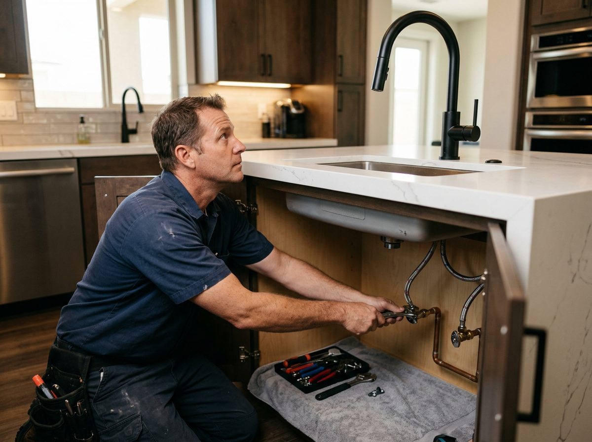 Plumbing repair in a Las Vegas home, new shut-off valves and supply lines being installed under a bathroom vanity