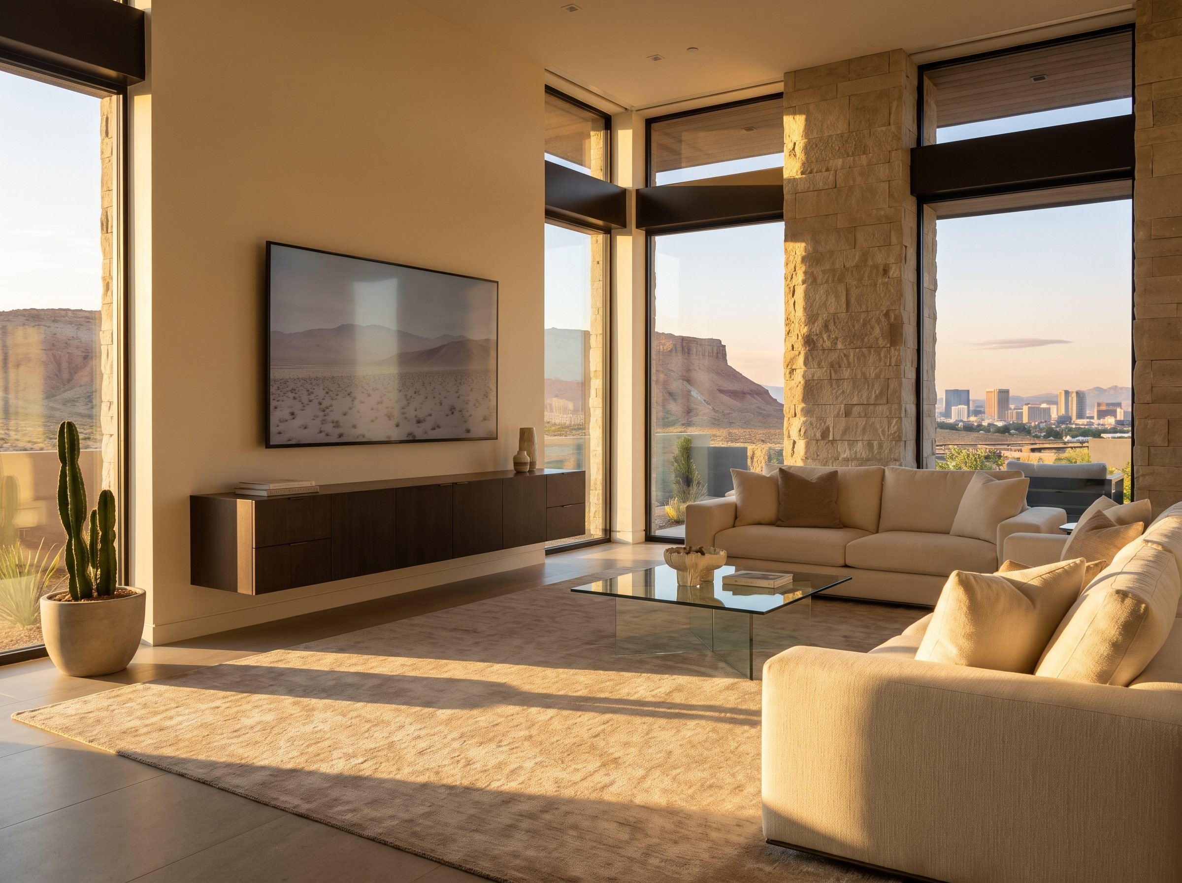Large flat-screen TV mounted on a living room wall above a floating console, with desert mountains and the Las Vegas skyline through the windows