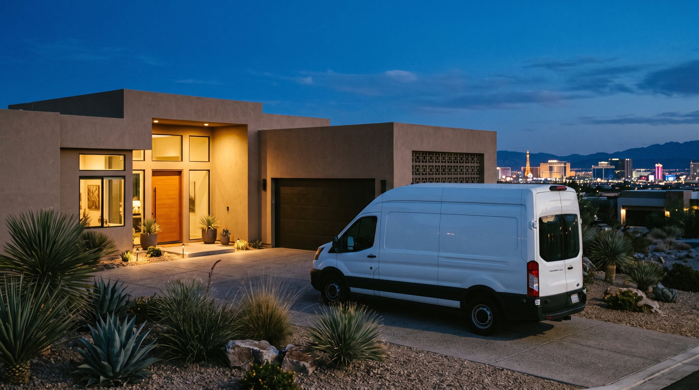 Handyman van parked at a modern Las Vegas home at dusk
